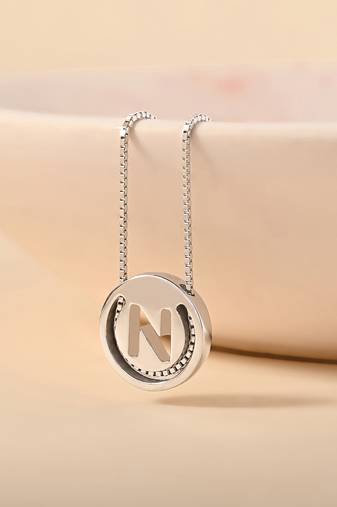Initial 'n' round pendant silver necklace with cube chain and bold charm