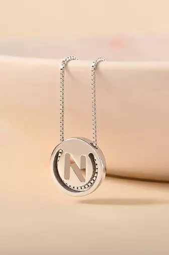 Initial 'n' round pendant silver necklace with cube chain and bold charm