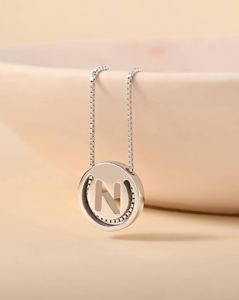 Initial 'n' round pendant silver necklace with cube chain and bold charm