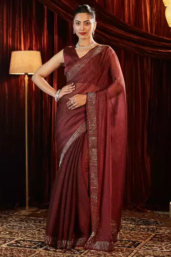 Marron beads and stones embellished woven saree