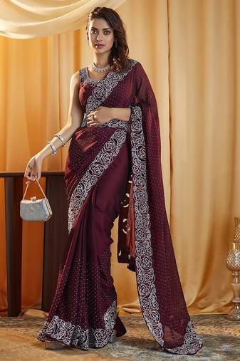 Wine beads and stones embellished saree