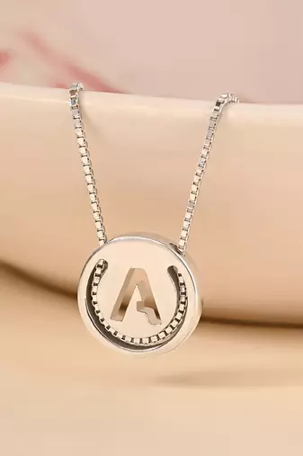 Initial 'a' round pendant silver necklace with cube chain and bold charm
