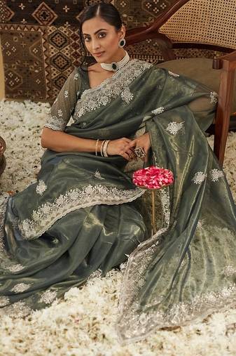 Mahendi beads and stones embellished supernet saree