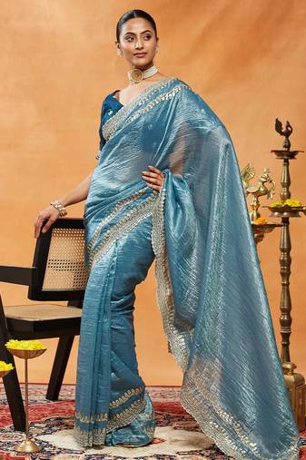 Teal embellished sequinned embroidered organza saree