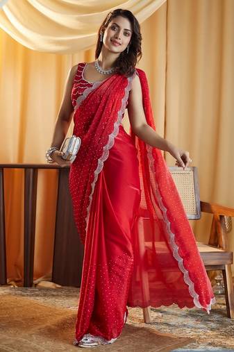 Cherry beads and stones embellished silk blend saree