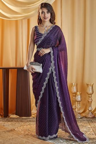 Magenta beads and stones embellished silk blend saree
