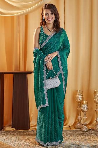 Teal beads and stones embellished silk blend saree