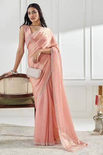 Pink beads and stones silk blend blend saree