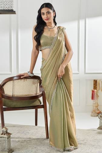 Pista beads and stones silk blend blend saree