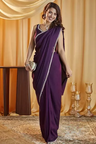 Violet beads and stones silk blend blend saree