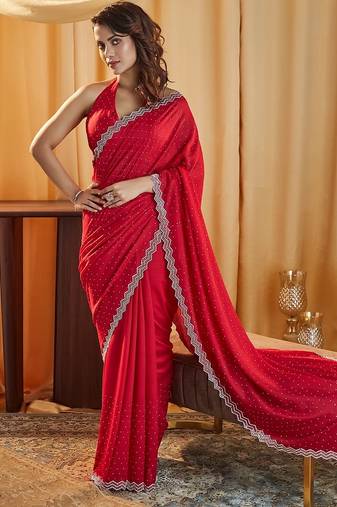 Cherry beads and stones embellished silk blend blend saree