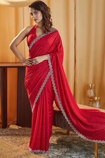 Cherry beads and stones embellished silk blend blend saree