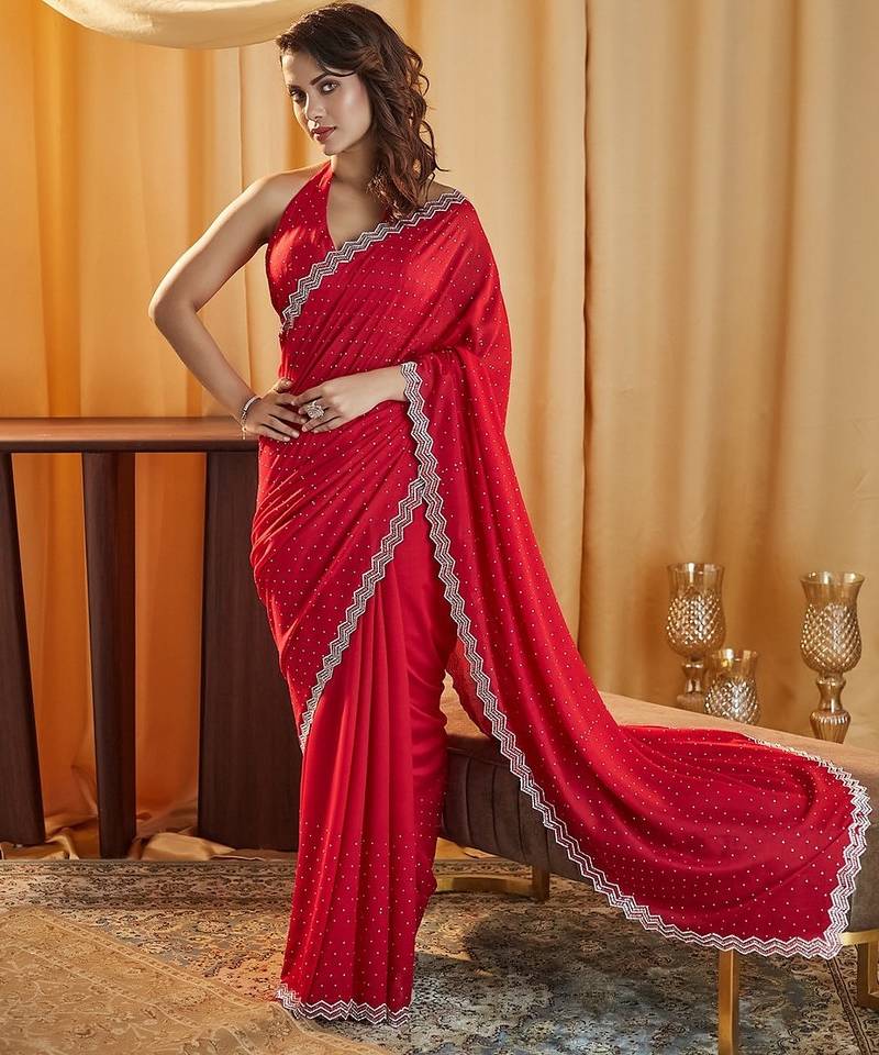 Cherry beads and stones embellished silk blend blend saree