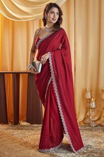 Marron women beads and stones embellished saree