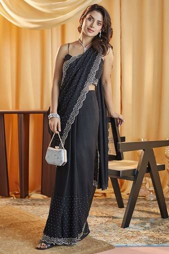 Black beads and stones silk blend blend saree
