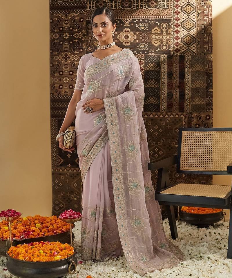 Lavender embroidered saree