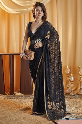 Black embellished chikankari chiffon saree