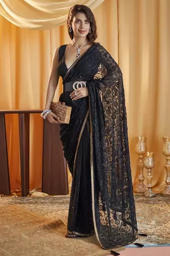 Black embellished chikankari chiffon saree