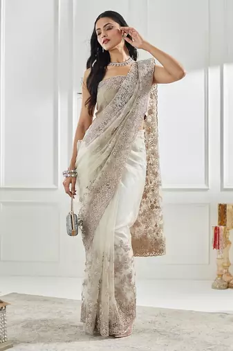 Gold floral beads and stones embellished net saree