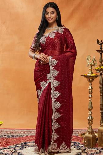Maroon embroidered sequinned  saree