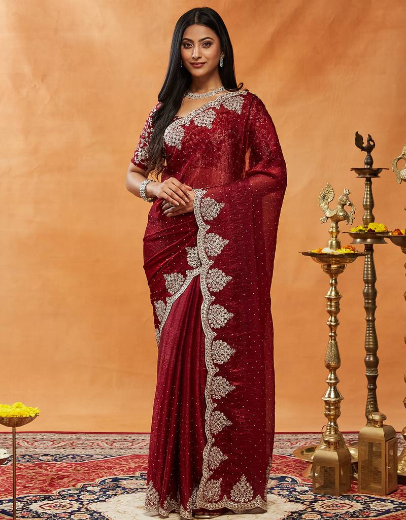 Maroon embroidered sequinned  saree