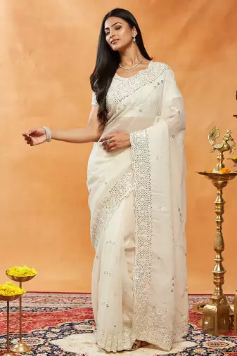 Cream embroidered chiffon saree