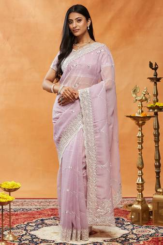 Lavender floral embroidered chiffon saree