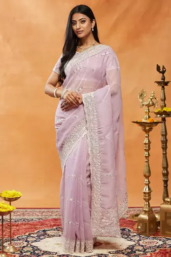Lavender floral embroidered chiffon saree