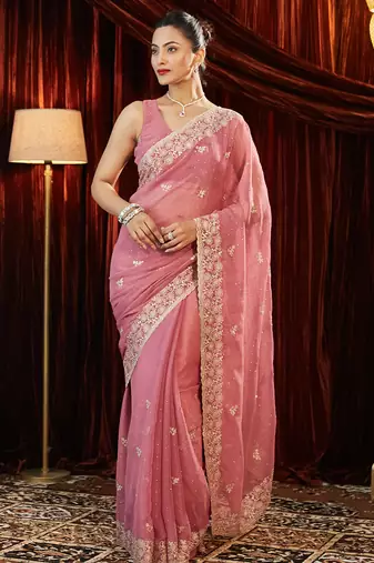 Pink chiffon embroidered saree with unstitched blouse piece