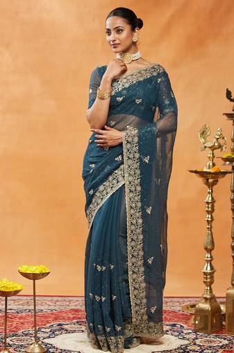 Turquoise blue embroidered chiffon saree