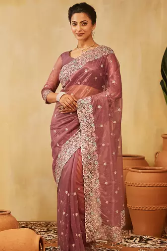 Lavender floral embroidered supernet saree