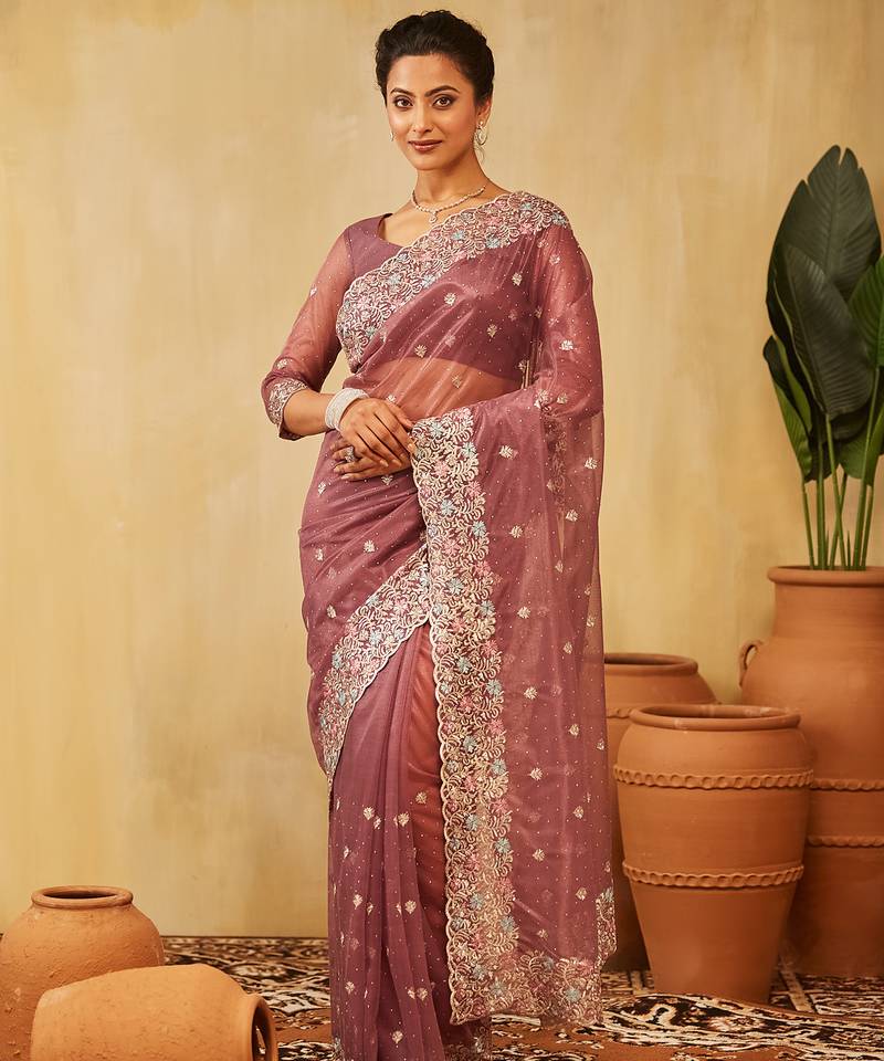 Lavender floral embroidered supernet saree