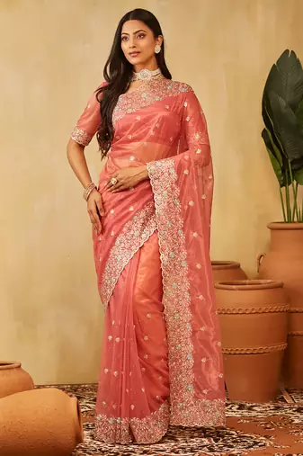Pink floral embroidered supernet saree