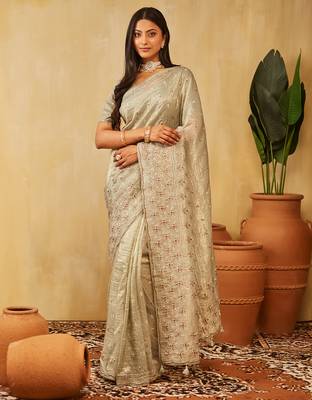 Olive green floral embroidered organza saree 1