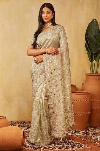 Olive green floral embroidered organza saree