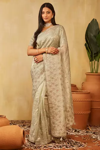 Olive green floral embroidered organza saree