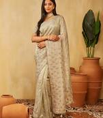 Olive green floral embroidered organza saree