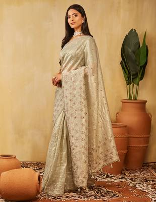 Olive green floral embroidered organza saree 2