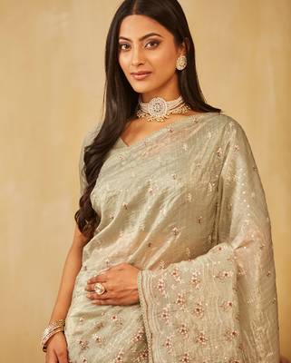 Olive green floral embroidered organza saree 4