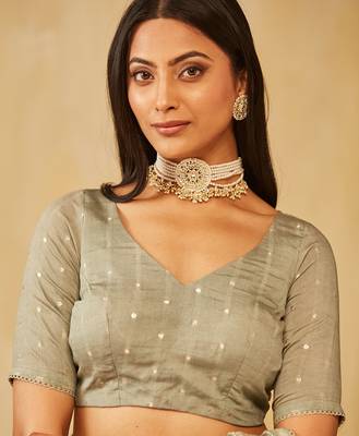 Olive green floral embroidered organza saree 5