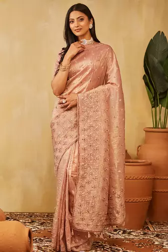 Peach floral embroidered saree