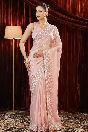 Peach embroidered chiffon saree