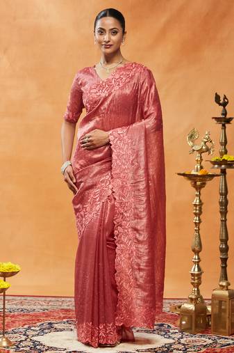 Pink embroidered organza saree
