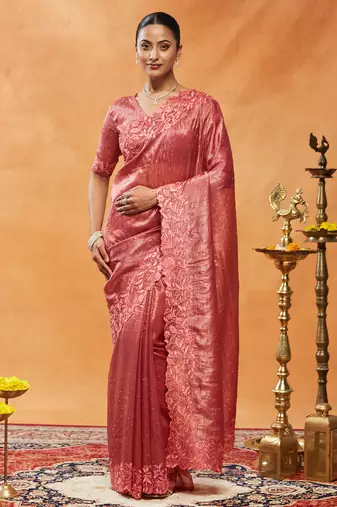 Pink embroidered organza saree
