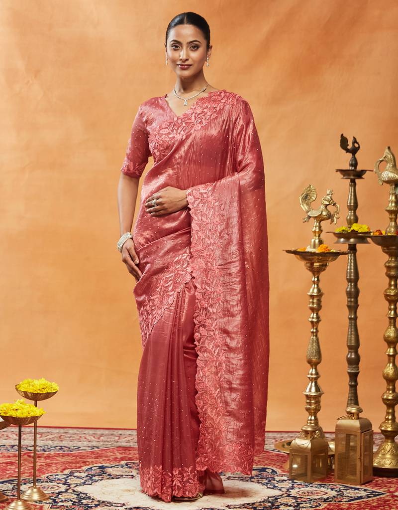 Pink embroidered organza saree