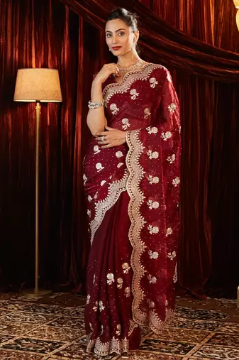 Marron embroidered chiffon saree