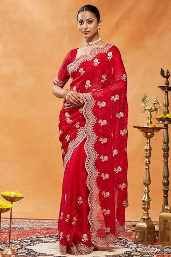 Red embroidered chiffon saree