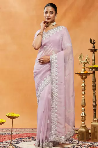 Lavender floral embroidered silk blend saree