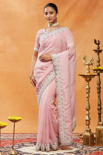 Pink women embroidered saree