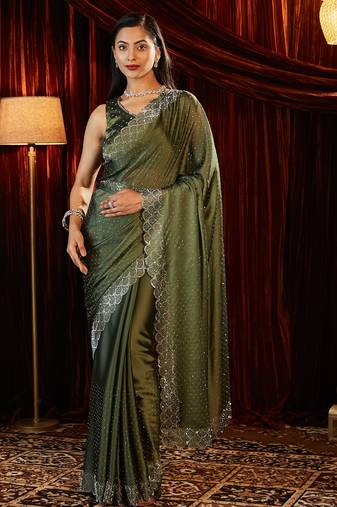Olive green embroidered saree